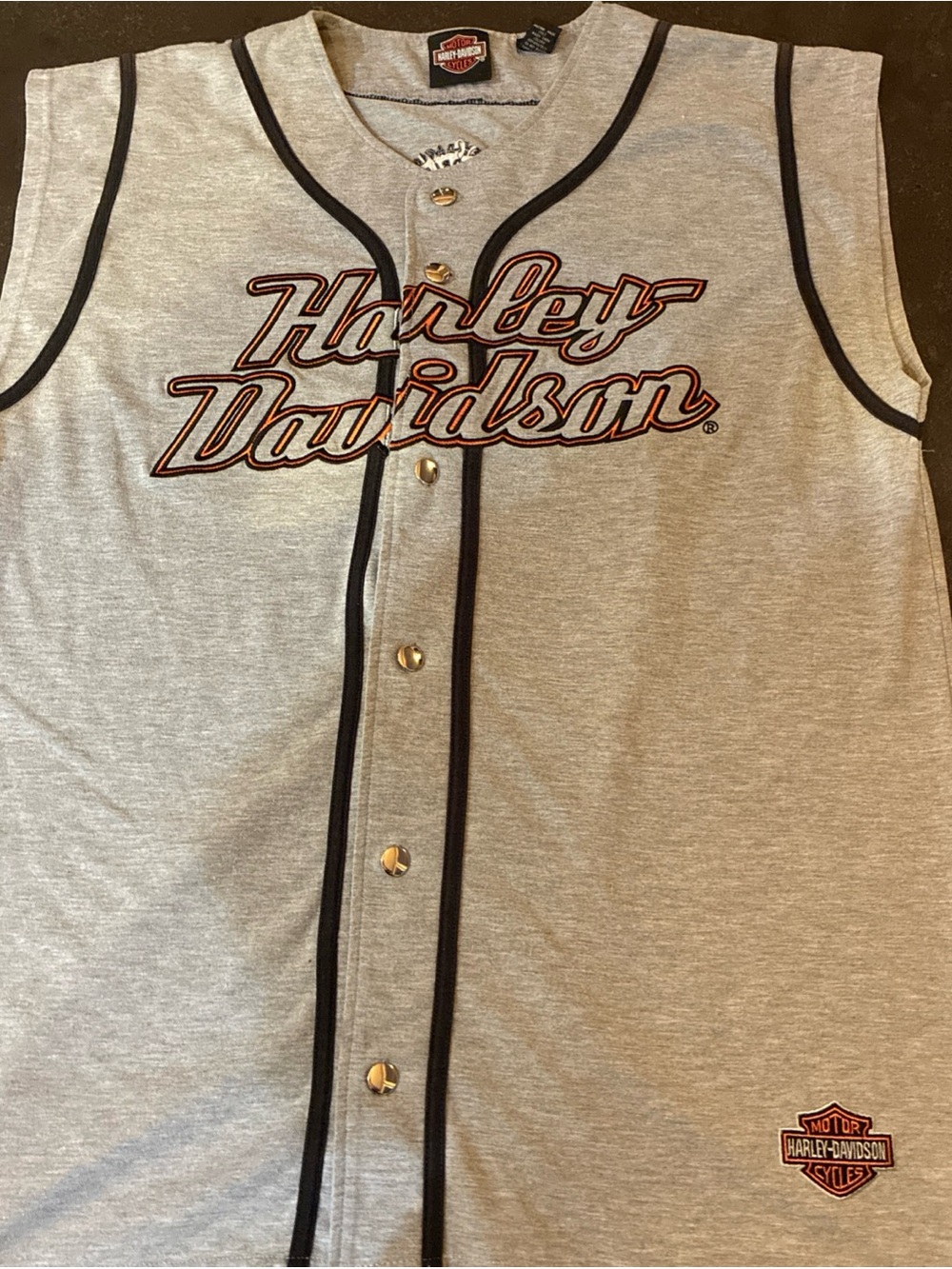 Harley-Davidson Grey and Black Sleeveless Button Baseball Jersey